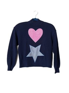 St John by Marie Gray Navy Heart Star Moon Appliqué Mock Neck Rare Sweater